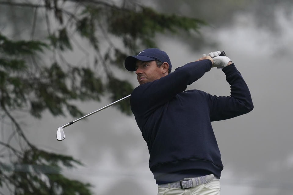 Rory McIlroy, of Northern Ireland, hits from the third tee during practice for the PGA Championship golf tournament at TPC Harding Park in San Francisco, Tuesday, Aug. 4, 2020. (AP Photo/Jeff Chiu)