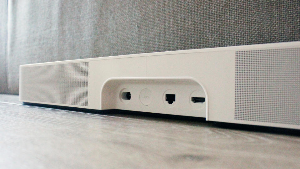 a close up of the back of the sonos beam gen 2 soundbar showing the soundbar's ports