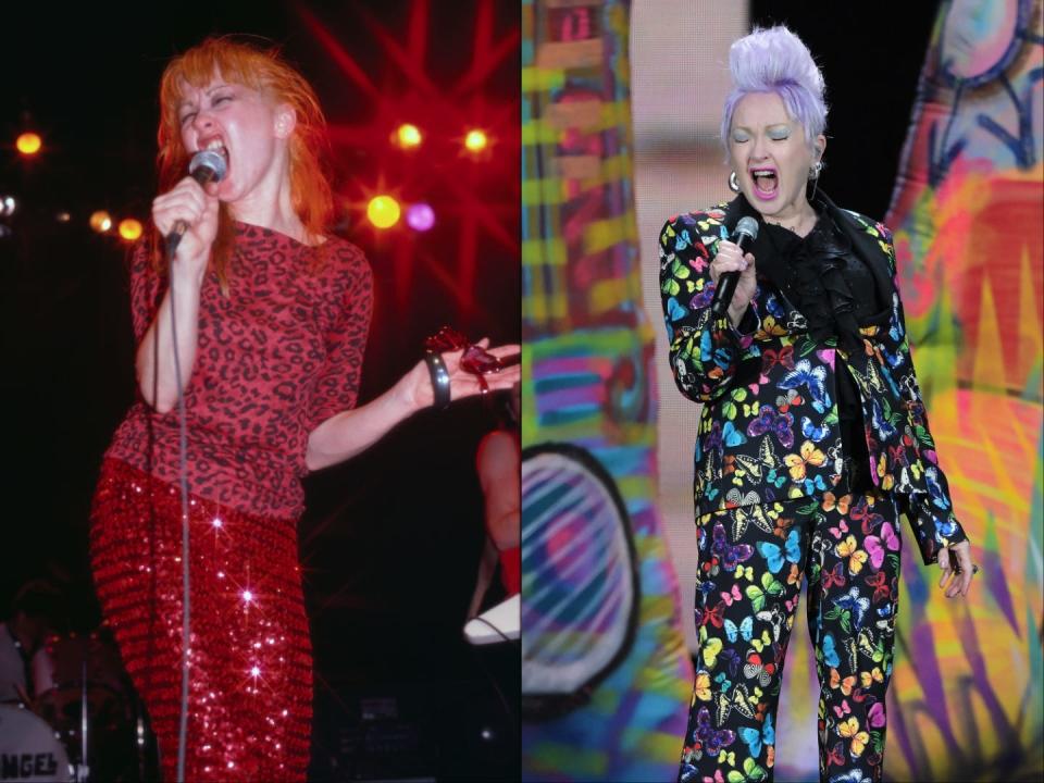 On the left, Cyndi Lauper performing in 1981. On the right, Lauper performing in 2023.