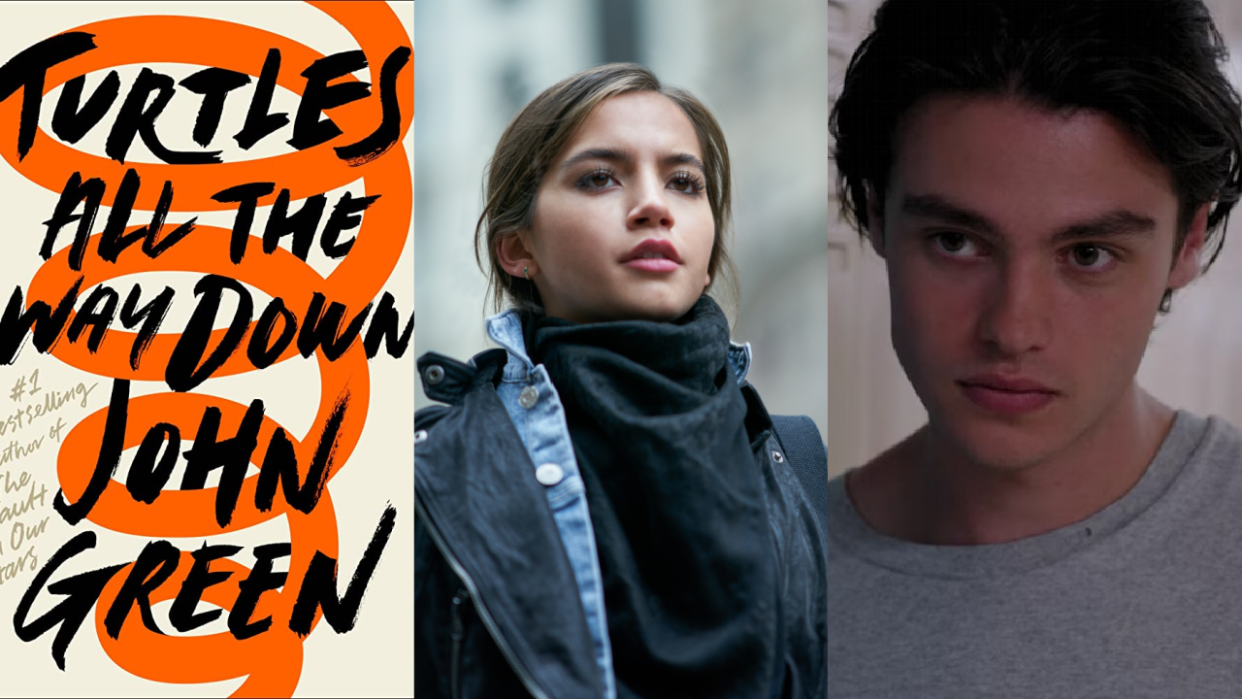  The book cover for Turtles All The Way Down and the two stars of the film, Isabela Merced and Felix Mallard. 