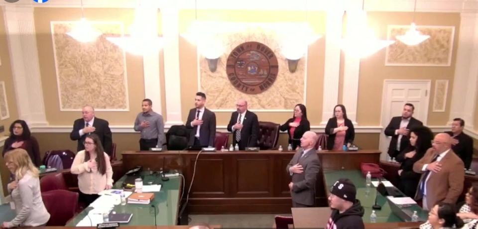 The Dover council's Feb. 13 meeting ended in a confrontation among Councilman Sergio Rodriguez (second from left), Mayor James Dodd (center) and Police Chief Jonathan Delaney (not pictured.)