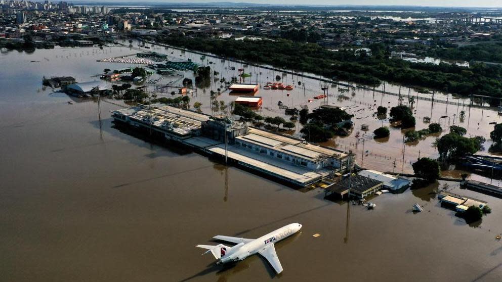 A drone shot shows a cargo plane at the flooded Salgado Filho International Airport in Porto Alegre in Rio Grande do Sul, Brazil, May 7, 2024.