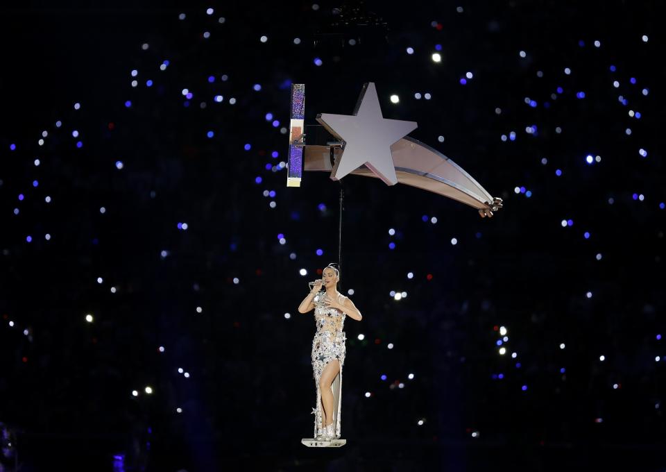 Katy Perry performs during halftime of NFL Super Bowl XLIX football game between the Seattle Seahawks and the New England Patriots on Sunday, Feb. 1, 2015, in Glendale, Ariz. (AP Photo/Brynn Anderson)