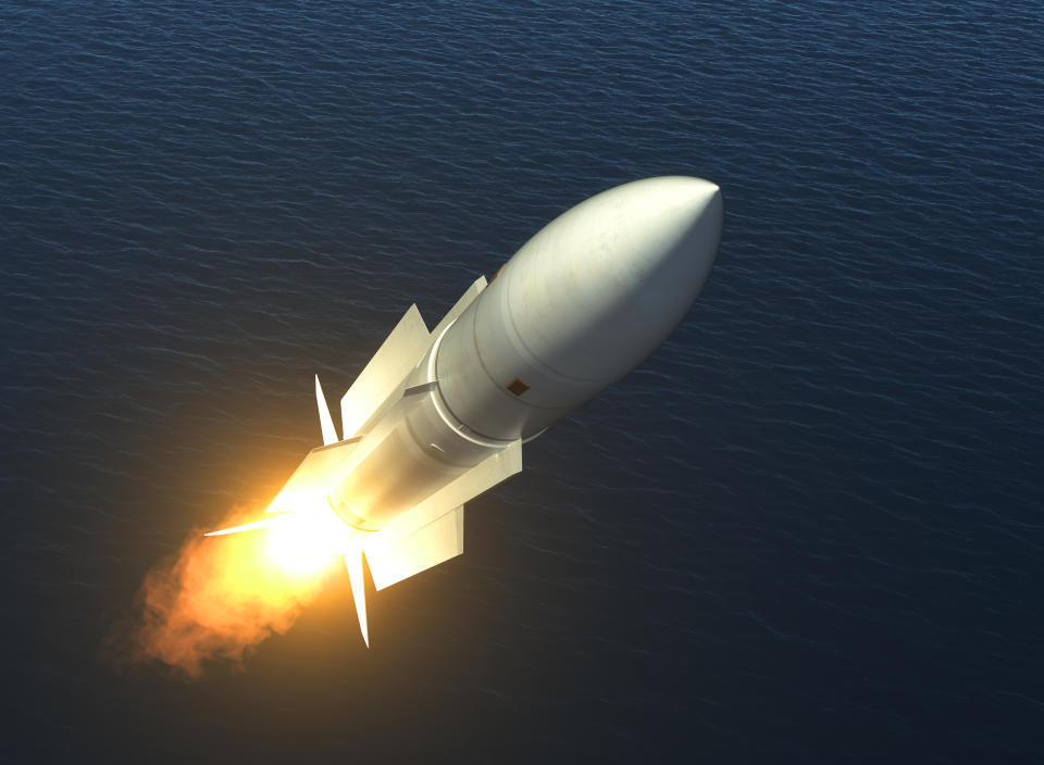 Missile Launch On The High Seas. 3D Illustration.