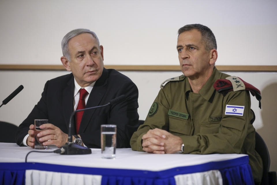 Israeli Prime Minister Benjamin Netanyahu, left, and IDF Chief of Staff Aviv Kochavi, hold press conference following the killing of a senior Islamic Jihad commander in Gaza by Israel, in Tel Aviv, Israel, Tuesday, Nov. 12, 2019. (AP Photo/Oded Balilty)