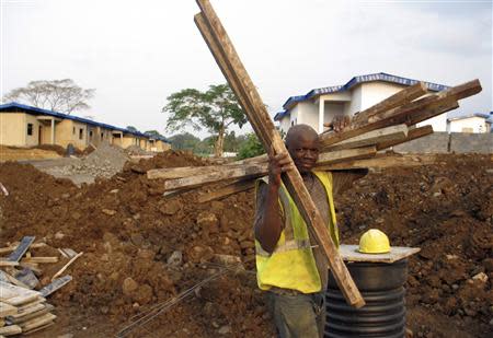 A construction worker carries timber at a housing project being built in an old cocoa-producing community just outside Equatorial Guinea's capital Malabo February 5, 2014. REUTERS/Pascal Fletcher