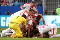 Soccer Football - World Cup - Group E - Costa Rica vs Serbia - Samara Arena, Samara, Russia - June 17, 2018 Serbia's Aleksandar Kolarov celebrates scoring their first goal with Vladimir Stojkovic and team mates REUTERS/Pilar Olivares