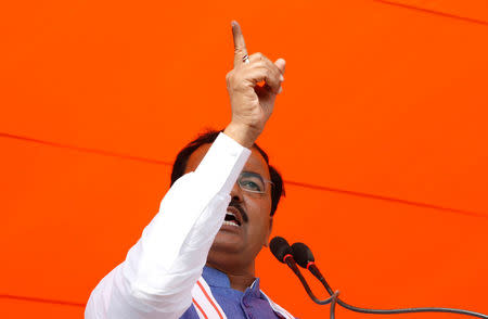 Keshav Prasad Maurya, the Uttar Pradesh state's president for the ruling Bharatiya Janata Party (BJP), gestures as he addresses an election campaign rally in Bah, in the central state of Uttar Pradesh, India, February 2, 2017. REUTERS/Adnan Abidi