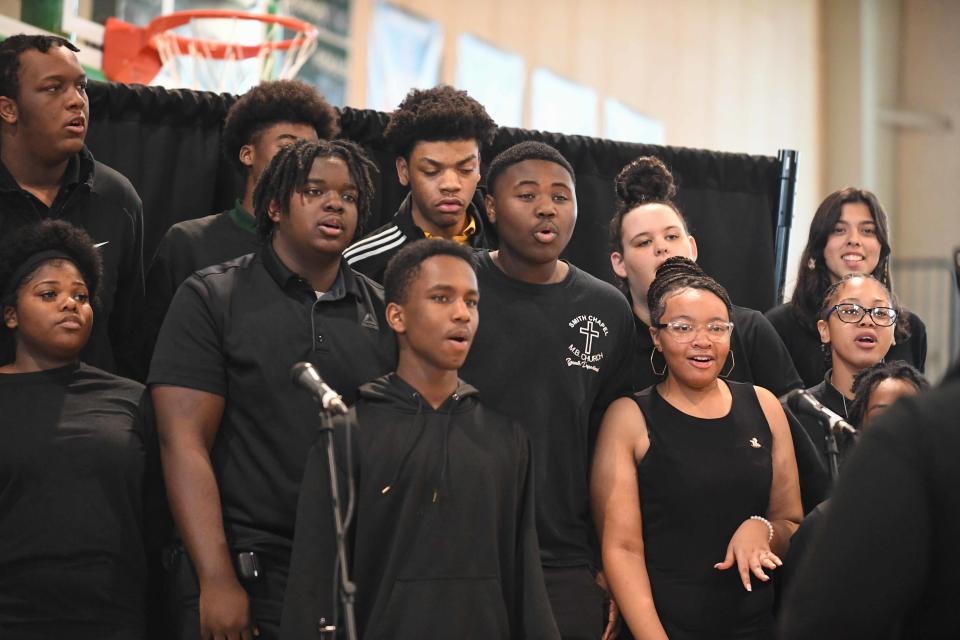 The JCM Choir performs during the JCM Black History Month Celebration inside Jackson Central-Merry High School on Wednesday, Feb. 28, 2024.