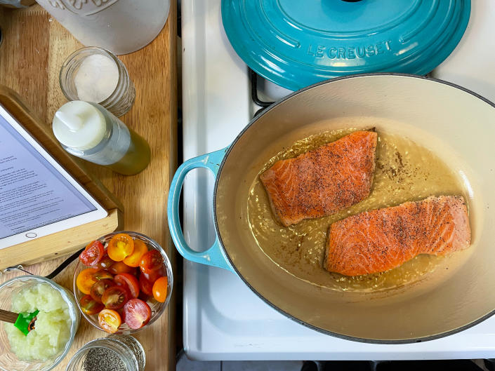 The recipe calls for skin-on salmon filets, which I portioned into six-ounce sizes. (Photo: Jenny Kellerhals)