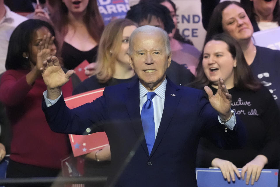 President Joe Biden gestures after speaking at an event on the campus of George Mason University in Manassas, Va., Tuesday, Jan. 23, 2024, to campaign for abortion rights, a top issue for Democrats in the upcoming presidential election. (AP Photo/Alex Brandon)