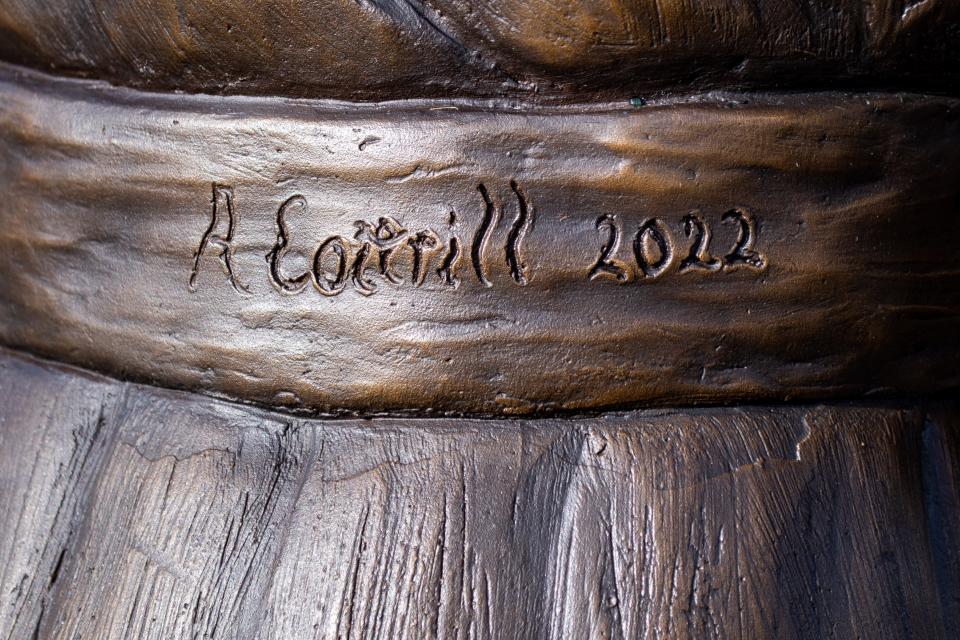Etched into the back of the belt of the Chief Netawatwees statue is the signature of Zanesville sculptor Alan Cottrill. Six larger-than-life statues will grace the Newcomerstown memorial, each one a relative of Cottrill.