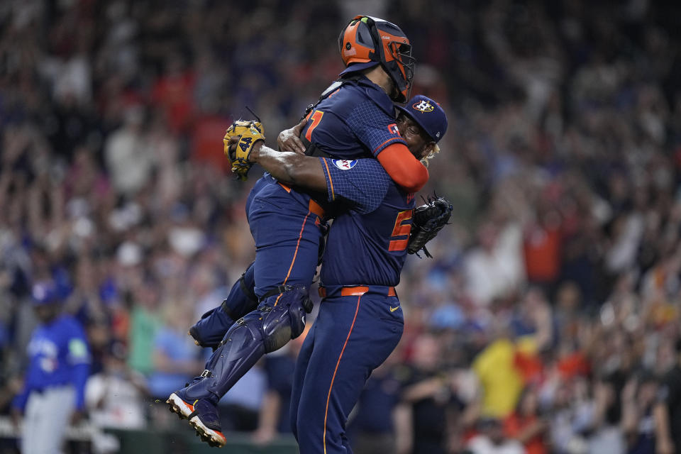 Houston Astros starting pitcher Ronel Blanco, right, celebrates with catcher Yainer Diaz after throwing a no hitter in a baseball game against the Toronto Blue Jays, Monday, April 1, 2024, in Houston. (AP Photo/Kevin M. Cox)