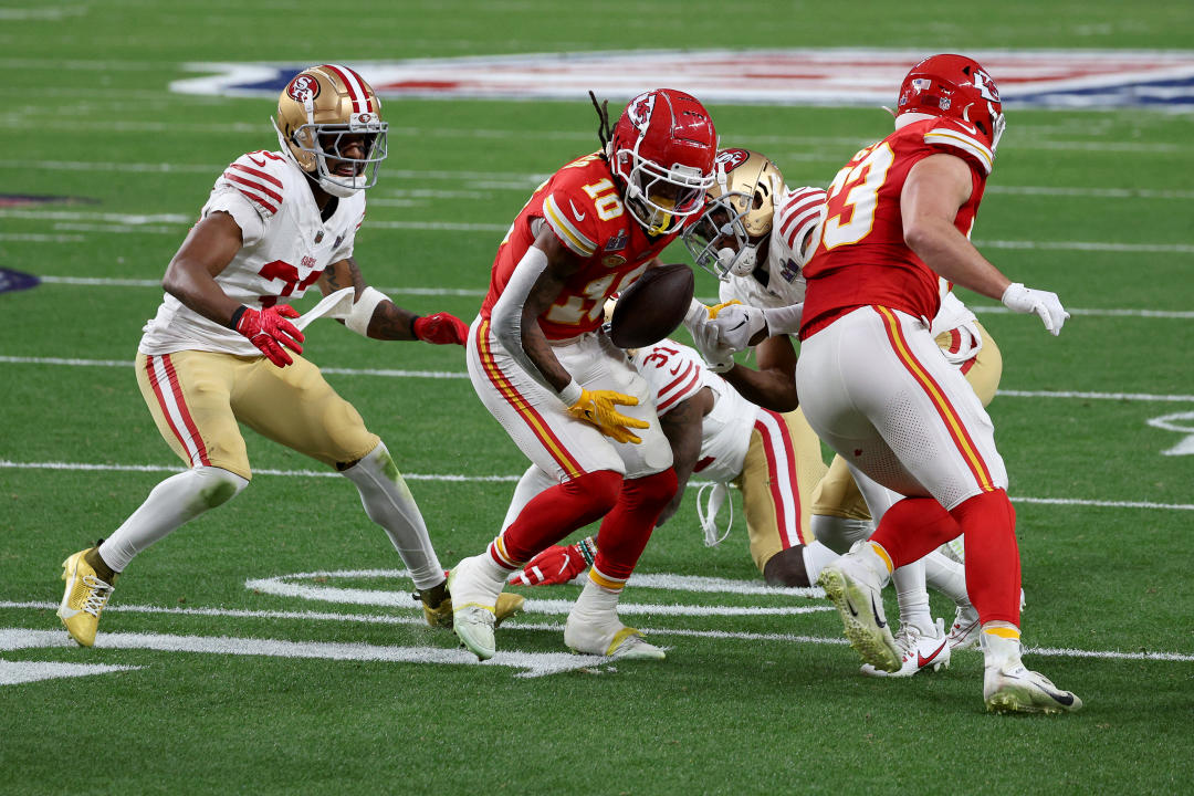 LAS VEGAS, NEVADA - FEBRUARY 11: Isiah Pacheco #10 of the Kansas City Chiefs fumbles the ball in the second quarter against the San Francisco 49ers during Super Bowl LVIII at Allegiant Stadium on February 11, 2024 in Las Vegas, Nevada. (Photo by Harry How/Getty Images)