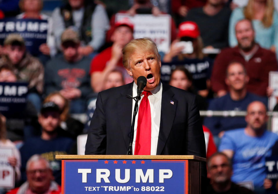 Republican presidential candidate Donald Trump speaks during a campaign rally at the Allen County War Memorial Coliseum in Fort Wayne, Indiana, May 1, 2016.