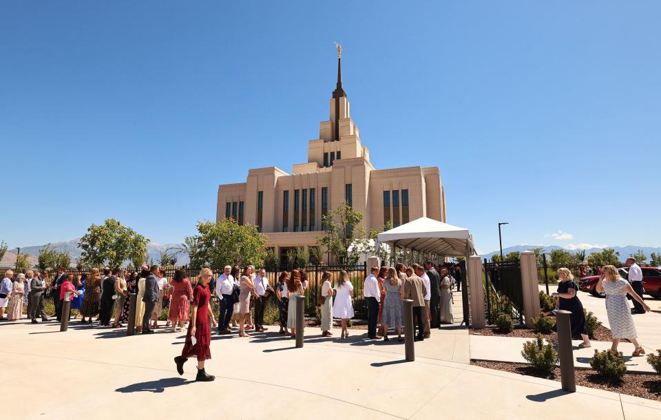 Those in the second session begin lining up as those from the the first session leave from the dedication of the Saratoga Springs Utah Temple in Saratoga Springs, Utah, on Sunday, Aug. 13, 2023. | Scott G Winterton, Deseret News