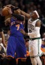 BOSTON, MA - MARCH 04: Carmelo Anthony #7 of the New York Knicks tries to keep the ball from Rajon Rondo #9 of the Boston Celtics on March 4, 2012 at TD Garden in Boston, Massachusetts. NOTE TO USER: User expressly acknowledges and agrees that, by downloading and or using this photograph, User is consenting to the terms and conditions of the Getty Images License Agreement. (Photo by Elsa/Getty Images)