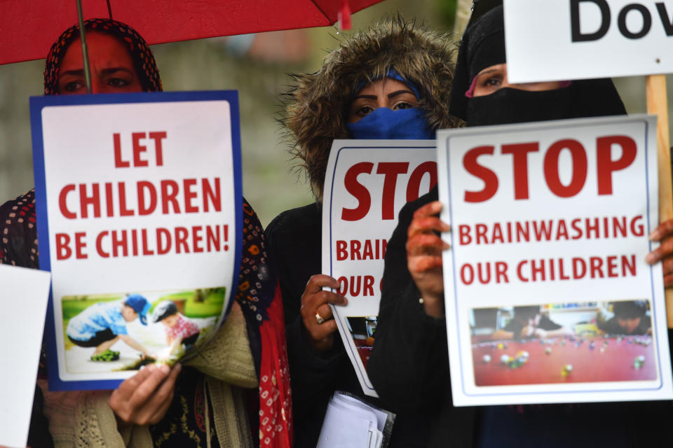 Protestors hold their first demonstration since an injunction was granted barring action immediately outside Anderton Park Primary School, in Moseley, Birmingham, over LGBT relationship education materials being used at the school. (Photo by Jacob King/PA Images via Getty Images)