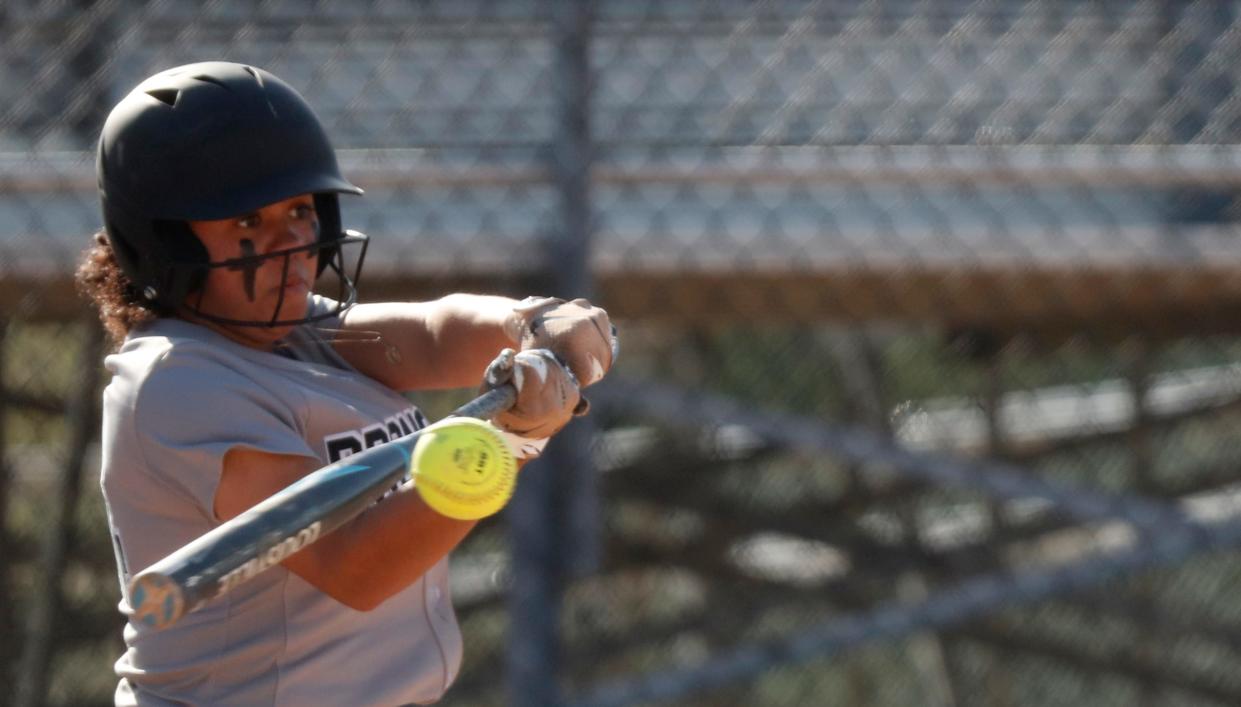 Lafayette Jeff Bronchos Miliana Herring (14) hits the ball during the IHSAA softball game against the Clinton Prairie Gophers, Tuesday, May 9, 2023, at Lafayette Jeff High School in Lafayette, Ind. Lafayette Jeff won 24-4.