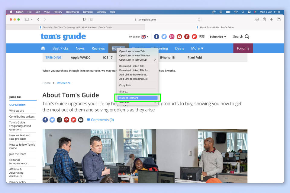 A screenshot showing how to Inspect Element in Safari for Mac