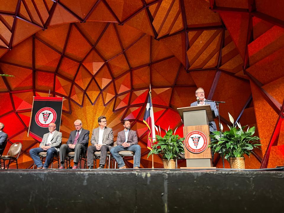 The Texas Tech School of Veterinary Medicince hosted its first white coat ceremony for the Class of 2025 Sunday at the Globe-News Center in Amarillo. Starting with the speaker at the podium and then moving to the left is Dr. Guy H. Loneragan (Dean of the Texas Tech University School of Veterinary Medicine), The Honorable Cole Stanley (Mayor of Amarillo), Dr. Lawrence E. Schovanec (President of Texas Tech University), Dr. Ronald Hendrick (Provost and Senior Vice President at Texas Tech University), Dr. John Dascanio (Senior Associate Dean of Academic and Student Affairs).