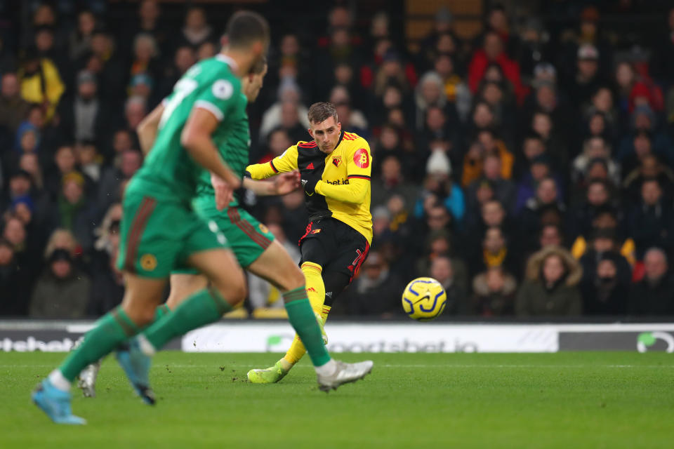 WATFORD, ENGLAND - JANUARY 01: Gerard Deulofeu of Watford scores his sides first goal during the Premier League match between Watford FC and Wolverhampton Wanderers at Vicarage Road on January 01, 2020 in Watford, United Kingdom. (Photo by Catherine Ivill/Getty Images)