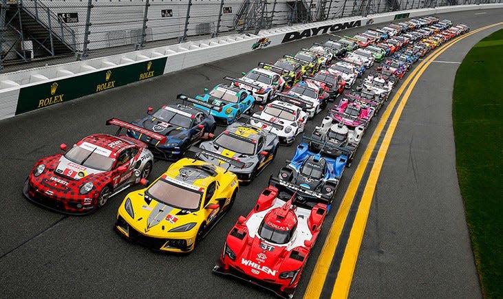 The ceremonial lineup of the 2022 Rolex 24's 61-car field. They'll be split into the five different classes of cars for Saturday afternoon's 1:40 start.