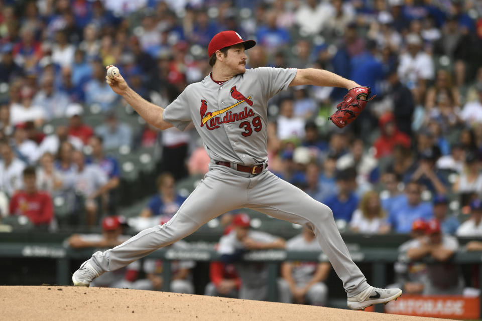 St. Louis Cardinals starter Miles Mikolas delivers a pitch during the first inning of a baseball game against the Chicago Cubs, Sunday, Sept. 22, 2019, in Chicago. (AP Photo/Paul Beaty)