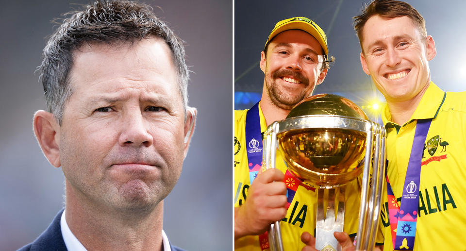 Pictured left Ricky Ponting and right Travis Head and Marnus Labuschagne