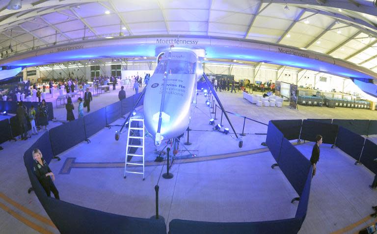 The Solar Impulse 2 undergoes maintainance in a hangar in Lukou International Airport in Nanjing, China on April 22, 2015