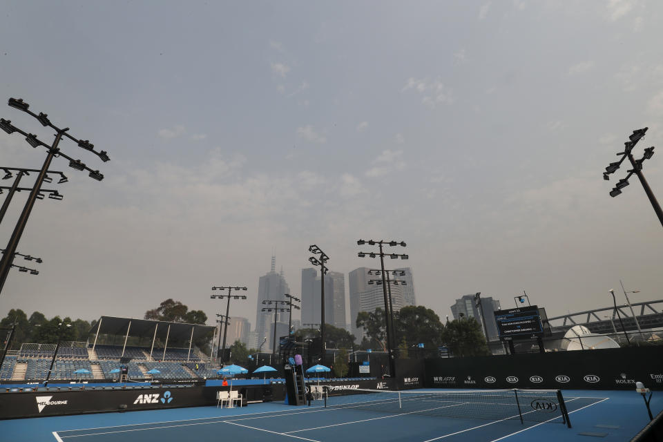 Smoke haze is seen across the Melbourne skyline ahead of the 2020 Australian Open at Melbourne Park on January 15, 2020 in Melbourne, Australia.