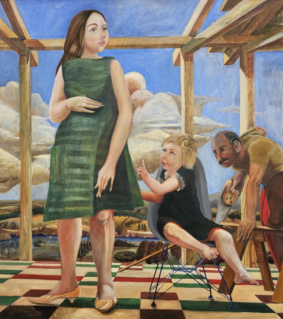 An oil painting of a pregnant woman standing next to seated toddler beside a man with a saw, akin to the holy family.