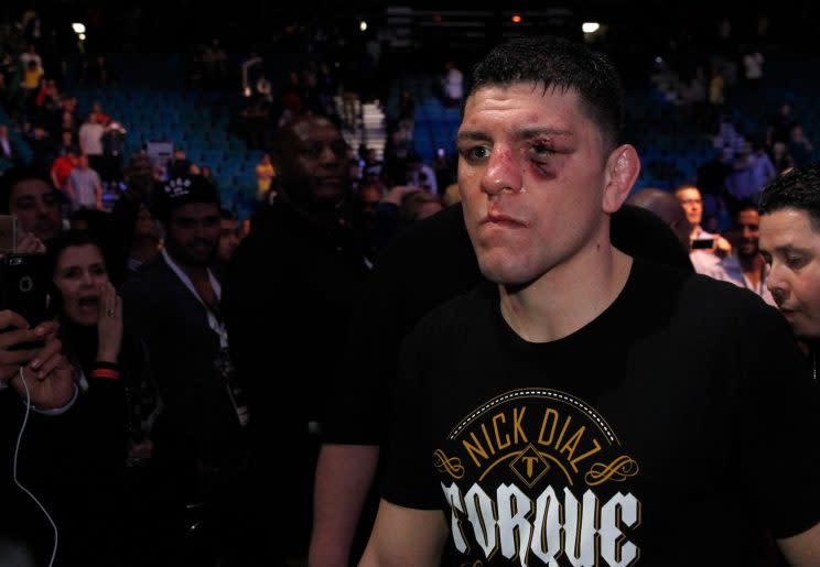 Multiple domestic violence charges stemming from an incident in Las Vegas earlier this year against MMA fighter Nick Diaz were dismissed on Thursday. (Getty Images)