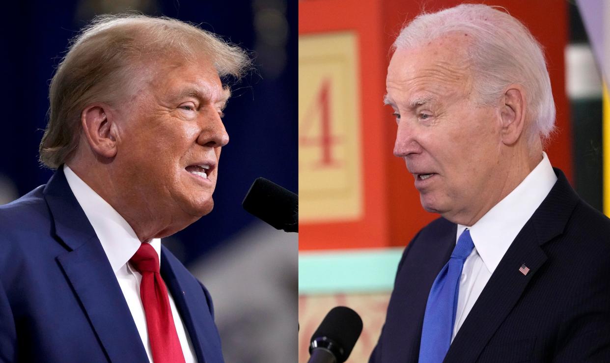 This combination photo shows Republican former President Donald Trump, left, during a rally Nov. 18, 2023, in Fort Dodge, Iowa and President Joe Biden during a Hanukkah reception in the White House in Washington, Dec. 11, 2023. (AP Photo)