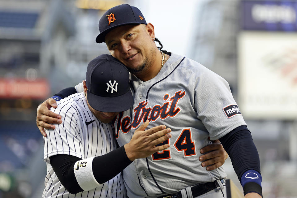 Detroit Tigers' Miguel Cabrera (24) hugs New York Yankees' Gleyber Torres after being presented gifts during a pre-game ceremony before a baseball game Tuesday, Sept. 5, 2023, in New York. (AP Photo/Adam Hunger)