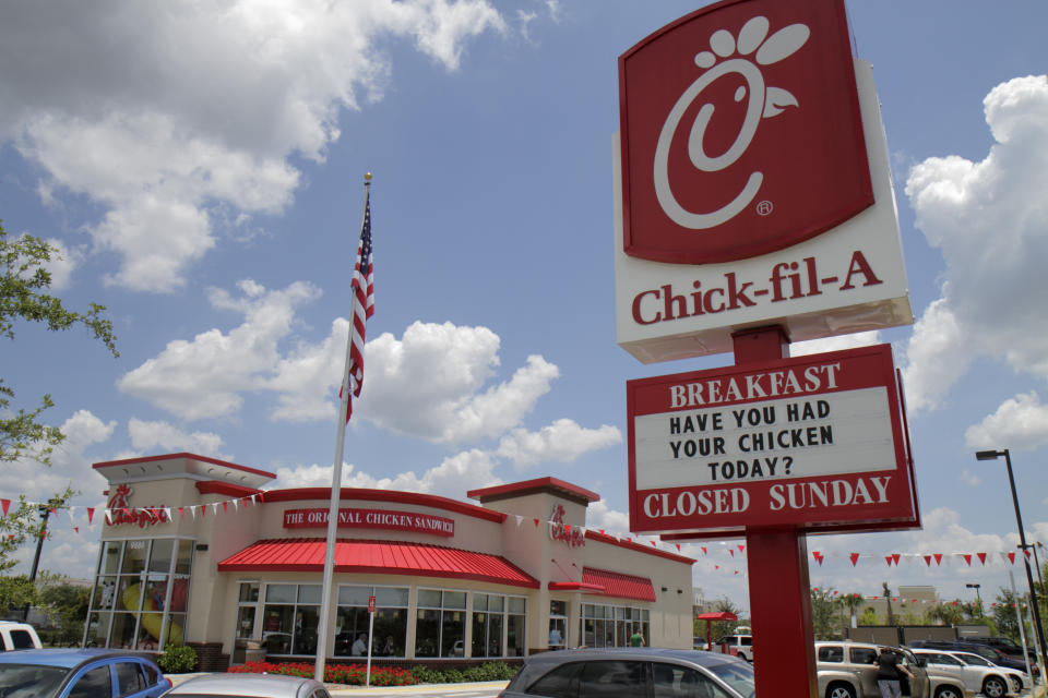 Close-up of a Chick-fil-A restaurant and logo