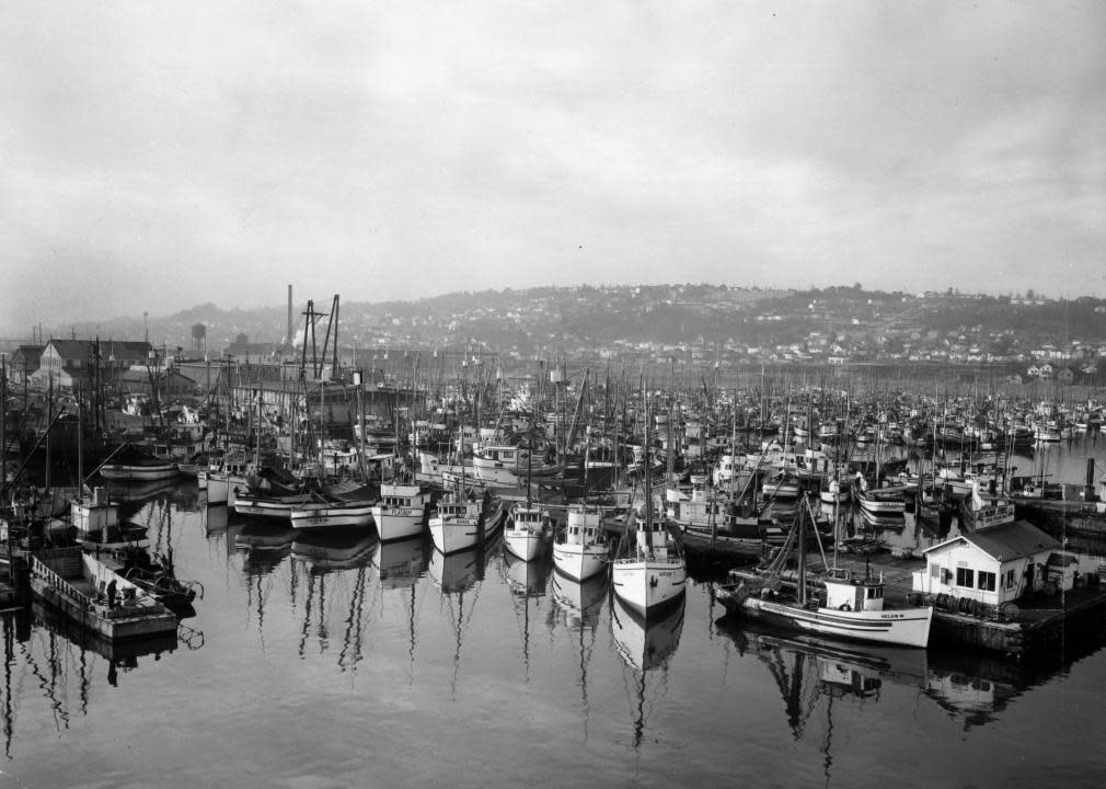Fishing boats at Moorage Fishermen's Terminal at Salmon Bay, Port of Seattle, in the 1940s.