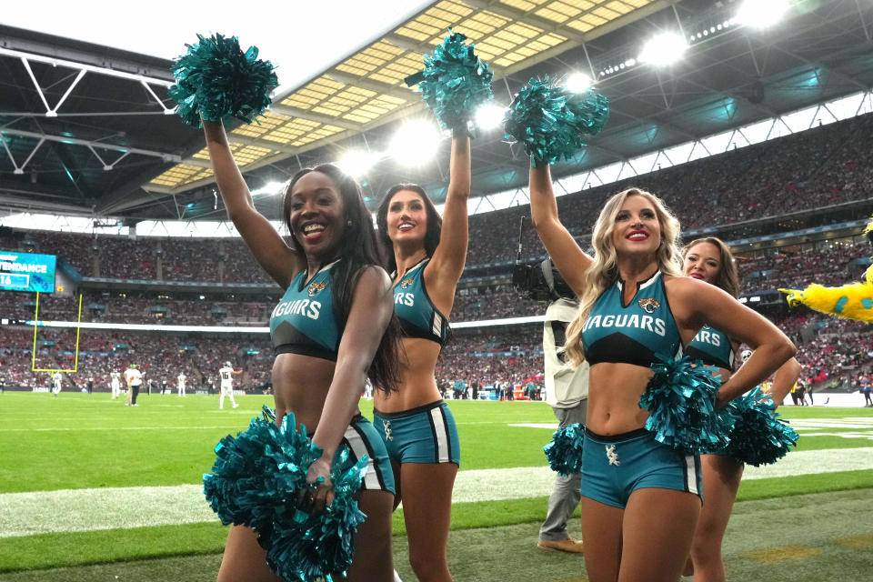 Oct 1, 2023; London, United Kingdom; Jacksonville Jaguars roar cheerleaders acknowledge the crowd against the Atlanta Falcons n the second half during an NFL International Series game at Wembley Stadium. Mandatory Credit: Kirby Lee-USA TODAY Sports