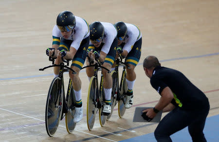 Cycling - UCI Track World Championships - Men's Team Pursuit Final - Hong Kong, China - 13/4/17 - Team Australia in action. REUTERS/Bobby Yip