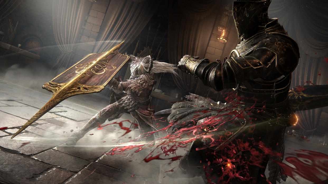  A player Tarnished attacks an enemy with a swipe from a thrusting shield. 