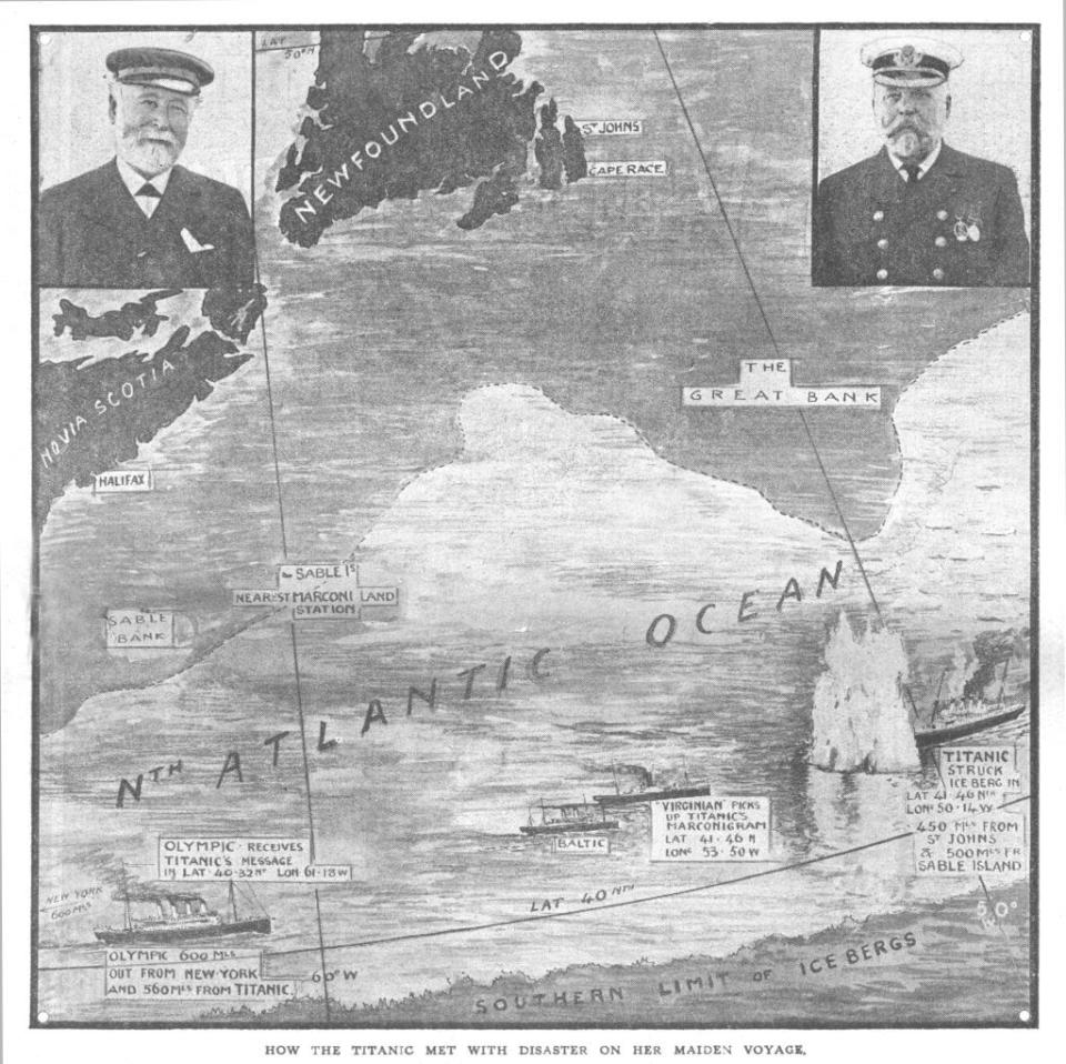 A map that outlines all the important places involved in the Titanic's sinking