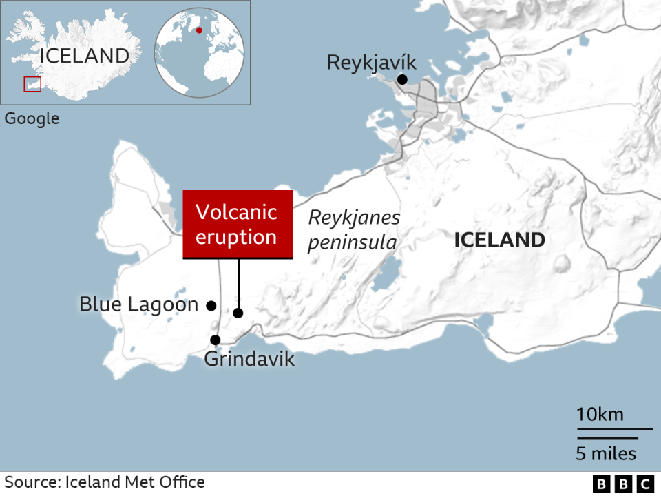 Kaart met de locatie van de vulkaanuitbarsting ten noorden van Grindavik