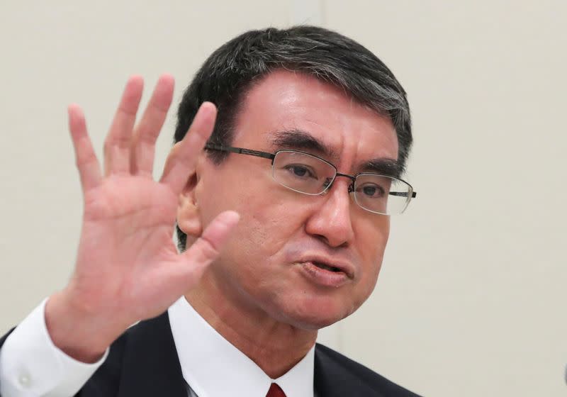 Japan's Vaccine Minister Taro Kono attends a group interview in Tokyo