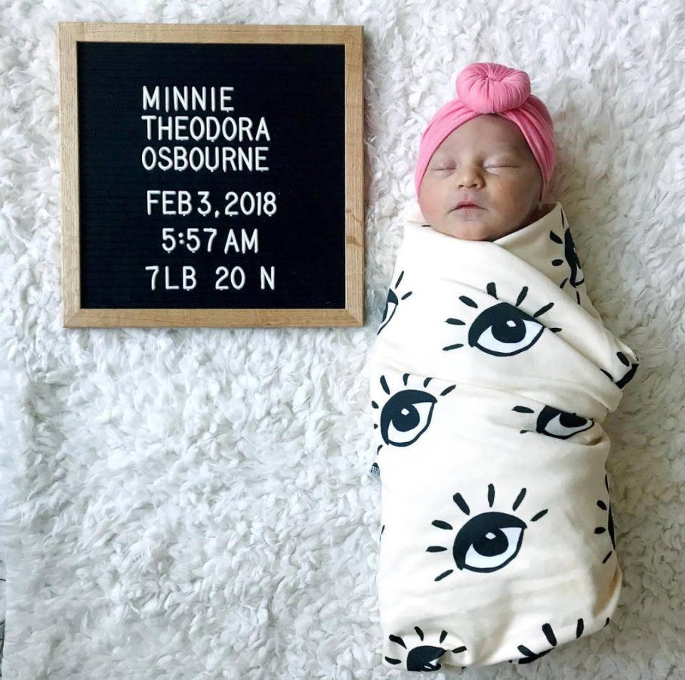 <p>“Hey everyone meet Minnie! She’s the newest member of my girls only squad,” the proud papa captioned this OMG shot of his new baby. This is the third daughter for Ozzy and Sharon’s son and his wife, Lisa, who are also parents to Pearl, 5, and Andy, 2. (Photo: <a rel="nofollow noopener" href="https://www.instagram.com/p/Be04-csD7p_/?hl=en&taken-by=jackosbourne" target="_blank" data-ylk="slk:Jack Osbourne via Instagram;elm:context_link;itc:0;sec:content-canvas" class="link ">Jack Osbourne via Instagram</a>) </p>