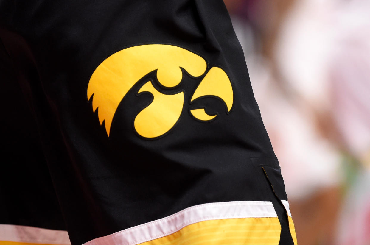 COLLEGE PARK, MD - JANUARY 07:  The Iowa Hawkeyes logo on their uniform during the game against the Maryland Terrapins at Xfinity Center on January 7, 2021 in College Park, Maryland. (Photo by G Fiume/Maryland Terrapins/Getty Images)