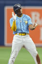 Tampa Bay Rays' Wander Franco celebrates after his double off Chicago White Sox starting pitcher Lucas Giolito during the first inning of a baseball game Sunday, April 23, 2023, in St. Petersburg, Fla. (AP Photo/Chris O'Meara)