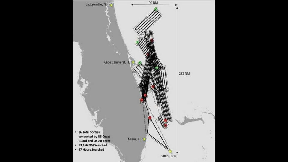 The search area for a missing crew of 20 aboard a 29-foot Mako Cuddy Cabin vessel, last known to be departing Bimini to Lake Worth on Dec. 28, 2020, encompassed about 17,000 square miles of the Atlantic for about 84 hours, the U.S. Coast Guard said.