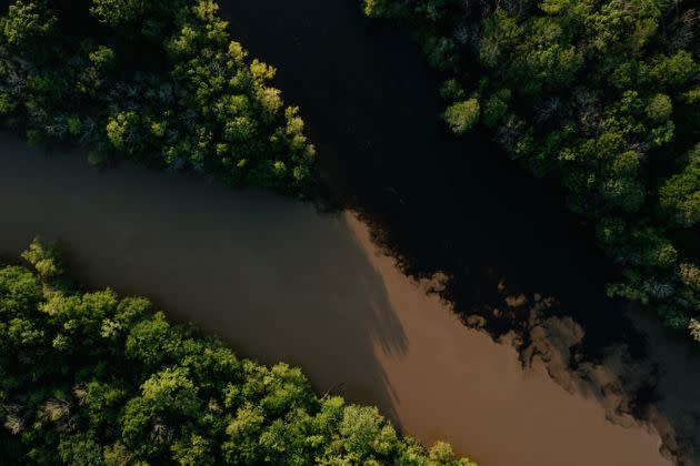 Sediment from the Atchafalaya River flows into Bayou Sorrel from a distributary of the river. (Photo: Bryan Tarnowski for HuffPost)