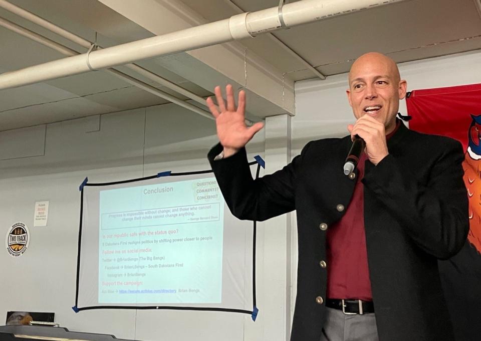 Brian Bengs, of Aberdeen, presents his South Dakotans First plan Thursday night at the One Legged Pheasant where he announced his candidacy for U.S. Senate.