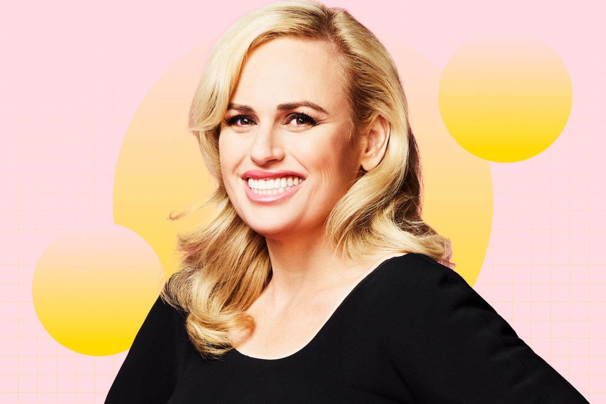 Rebel Wilson on a designed background